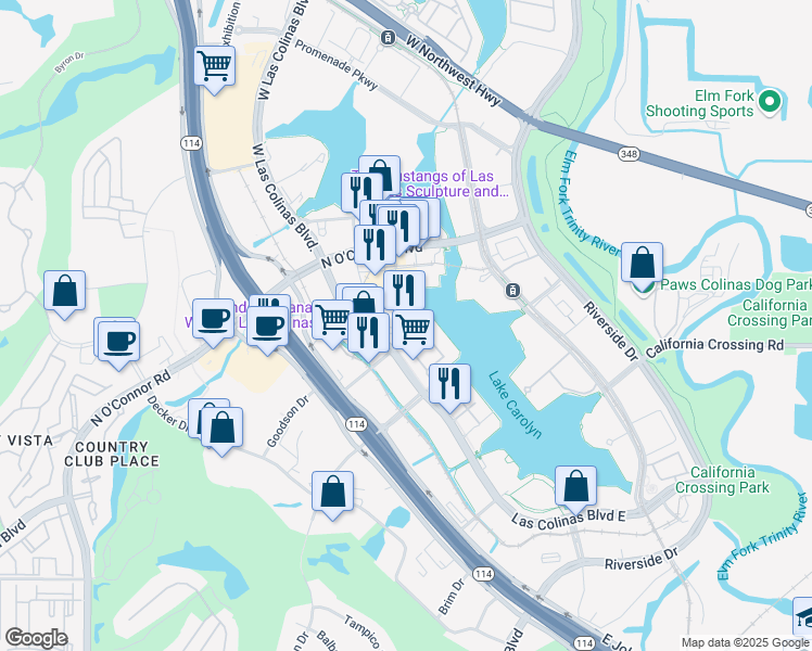 map of restaurants, bars, coffee shops, grocery stores, and more near 221 East Las Colinas Boulevard in Irving