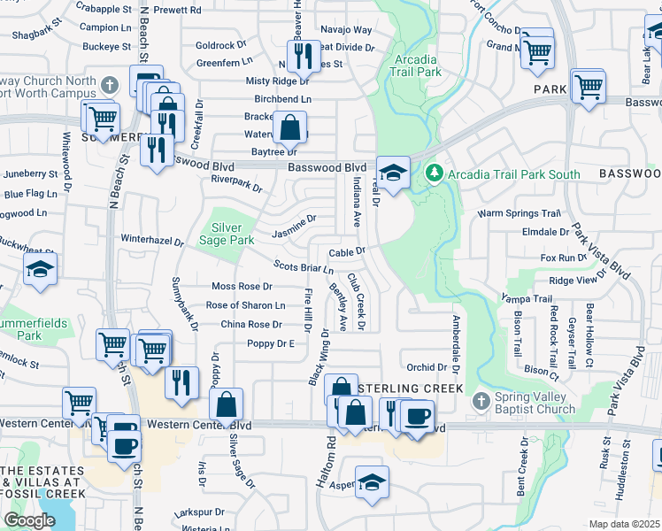 map of restaurants, bars, coffee shops, grocery stores, and more near 7113 Bentley Avenue in Fort Worth