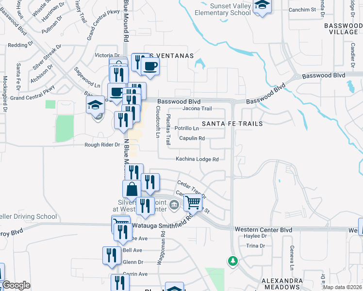 map of restaurants, bars, coffee shops, grocery stores, and more near 1801 Placitas Trail in Fort Worth