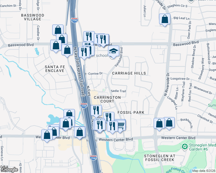map of restaurants, bars, coffee shops, grocery stores, and more near 7005 Sandshell Boulevard in Fort Worth