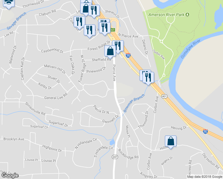 map of restaurants, bars, coffee shops, grocery stores, and more near 2758 Northwoods Drive North in Macon