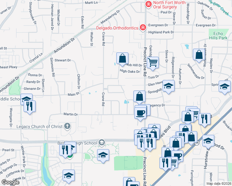 map of restaurants, bars, coffee shops, grocery stores, and more near 9024 Cedar Bluffs Drive in North Richland Hills