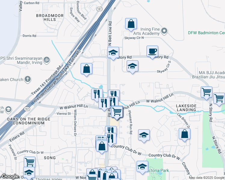 map of restaurants, bars, coffee shops, grocery stores, and more near 4132 North Belt Line Road in Irving