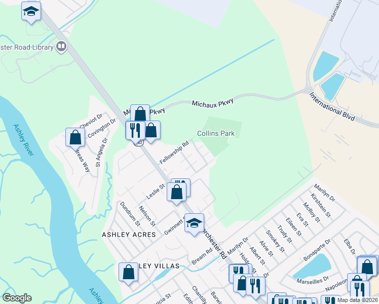 map of restaurants, bars, coffee shops, grocery stores, and more near 4212 Britain Court in North Charleston