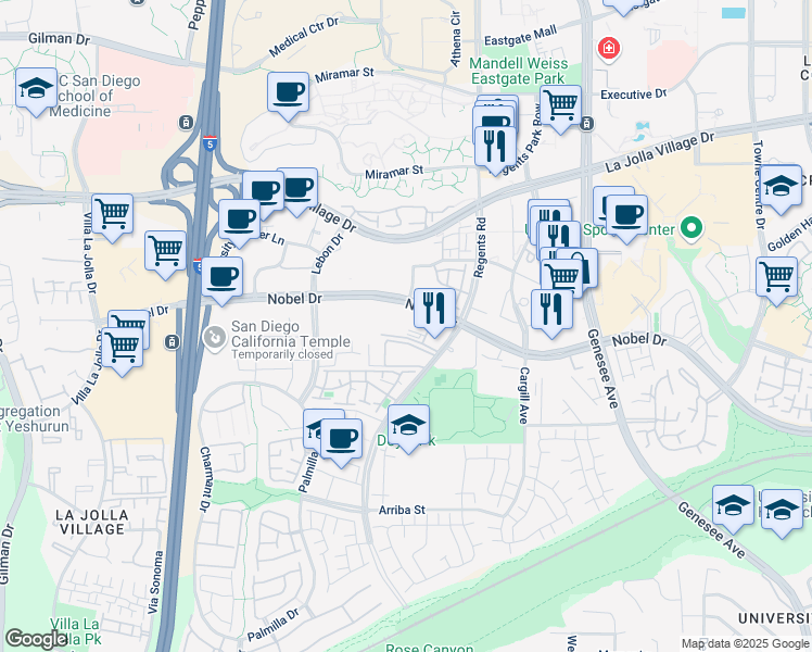 map of restaurants, bars, coffee shops, grocery stores, and more near 194 Nobel Drive in San Diego