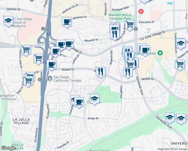 map of restaurants, bars, coffee shops, grocery stores, and more near 3969 Nobel Drive in San Diego