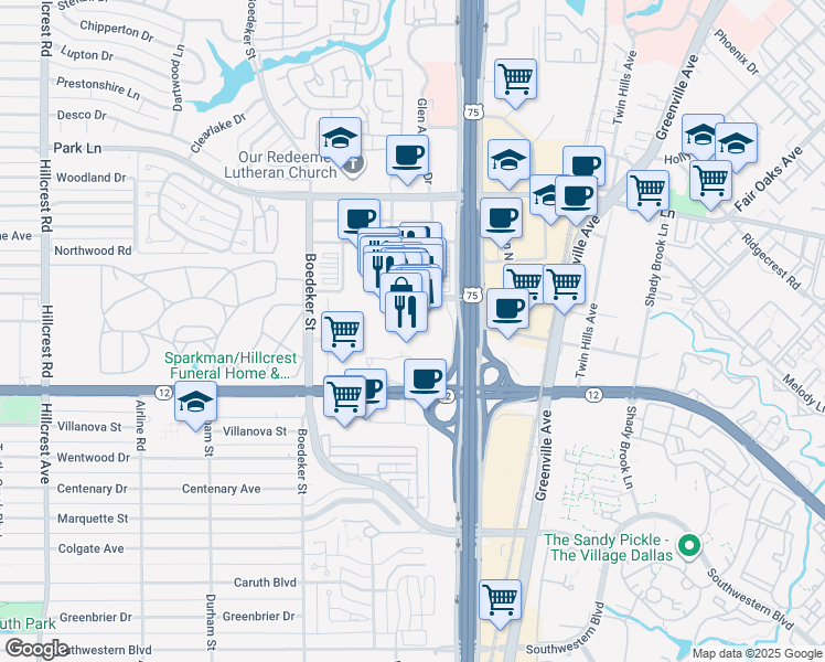 map of restaurants, bars, coffee shops, grocery stores, and more near 8687 North Central Expressway in Dallas