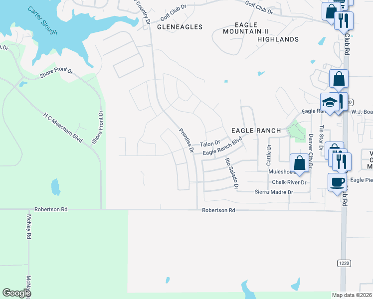 map of restaurants, bars, coffee shops, grocery stores, and more near 7020 Talon Bluff Drive in Fort Worth