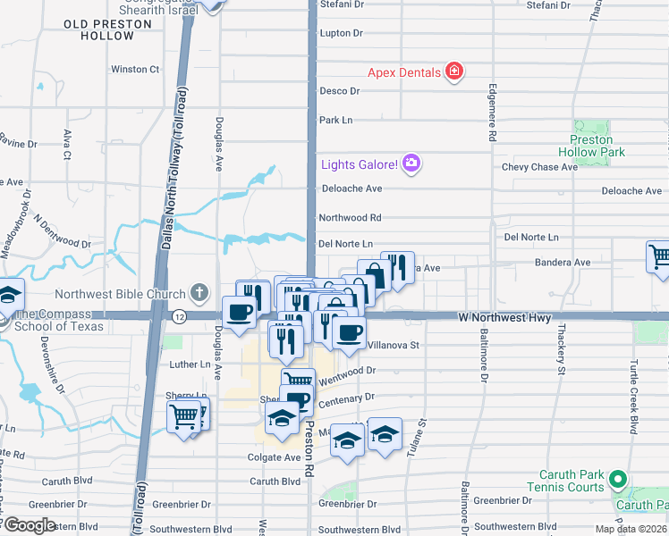 map of restaurants, bars, coffee shops, grocery stores, and more near 6131 Bandera Avenue in Dallas