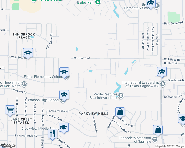 map of restaurants, bars, coffee shops, grocery stores, and more near 5009 Wj Boaz Road in Fort Worth