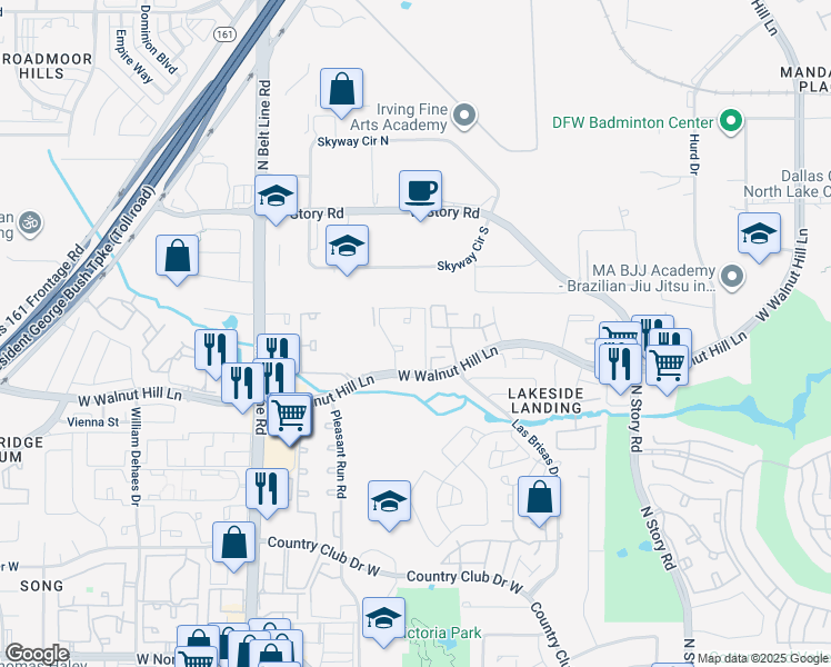 map of restaurants, bars, coffee shops, grocery stores, and more near 3005 West Walnut Hill Lane in Irving