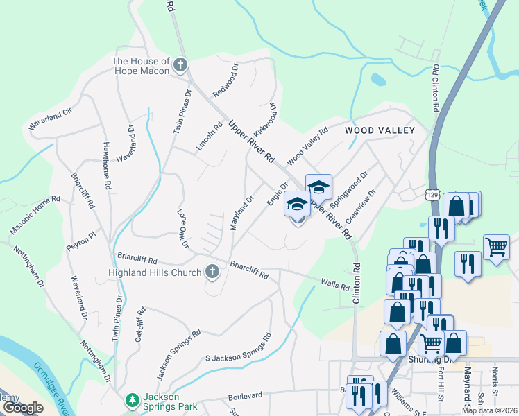 map of restaurants, bars, coffee shops, grocery stores, and more near 1576 Engle Drive in Macon