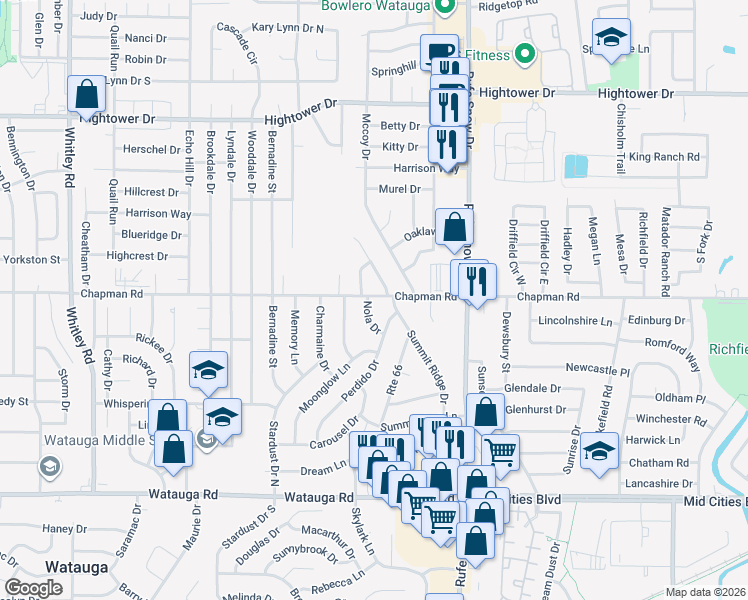 map of restaurants, bars, coffee shops, grocery stores, and more near 6701 Summit Ridge Drive in Watauga