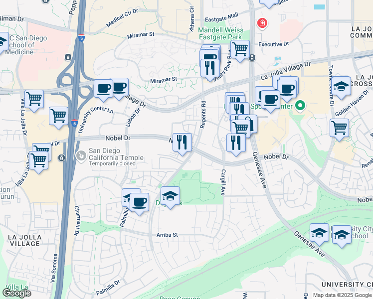 map of restaurants, bars, coffee shops, grocery stores, and more near 4064 Regents Road in San Diego