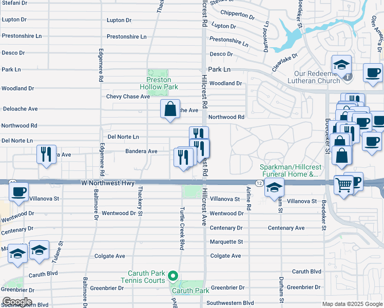 map of restaurants, bars, coffee shops, grocery stores, and more near 8643 Hillcrest Avenue in Dallas