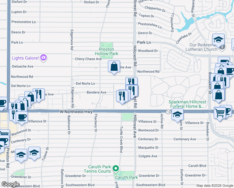 map of restaurants, bars, coffee shops, grocery stores, and more near 6800 Del Norte Lane in Dallas