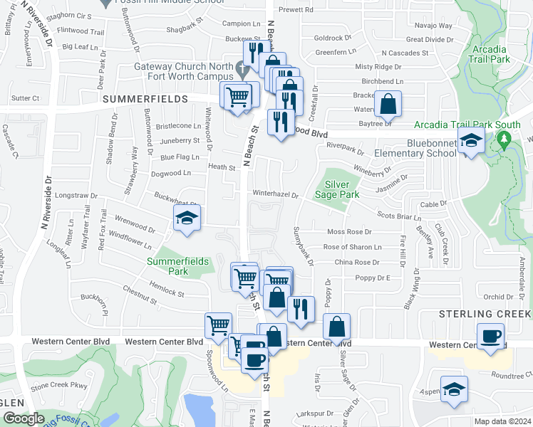 map of restaurants, bars, coffee shops, grocery stores, and more near 7024 West Parkhaven Drive in Fort Worth