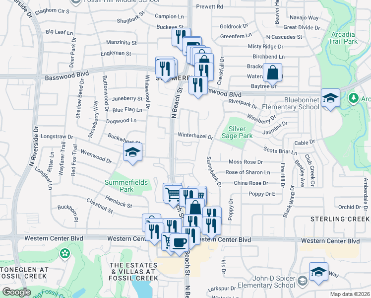 map of restaurants, bars, coffee shops, grocery stores, and more near 7024 West Parkhaven Drive in Fort Worth