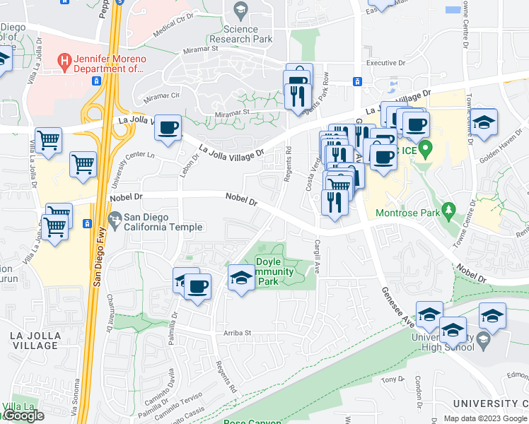 map of restaurants, bars, coffee shops, grocery stores, and more near 4064 Regents Road in San Diego
