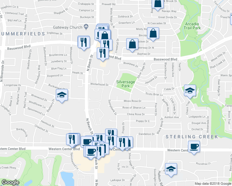 map of restaurants, bars, coffee shops, grocery stores, and more near 7017 Moss Rose Court in Fort Worth