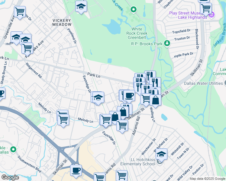 map of restaurants, bars, coffee shops, grocery stores, and more near 6852 Larmanda Street in Dallas