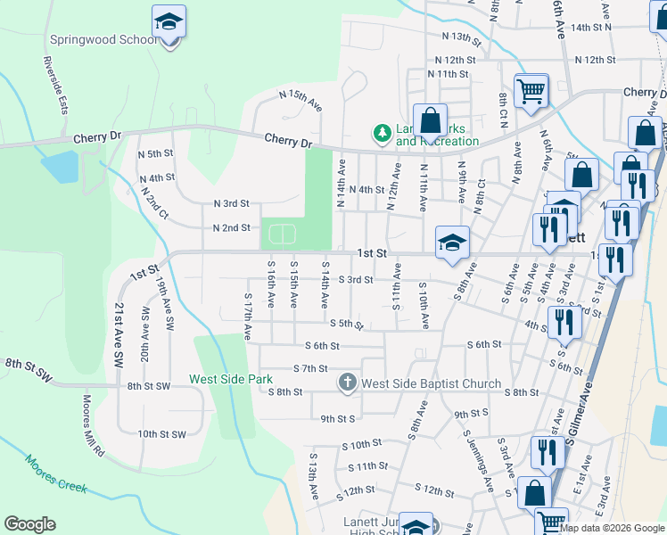 map of restaurants, bars, coffee shops, grocery stores, and more near 1323-1399 1st Street in Lanett