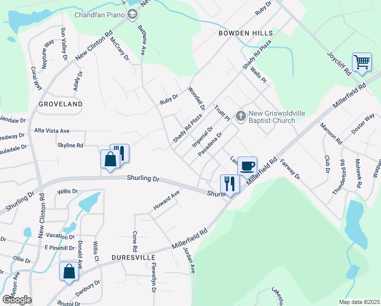 map of restaurants, bars, coffee shops, grocery stores, and more near 3119 Imperial Drive in Macon