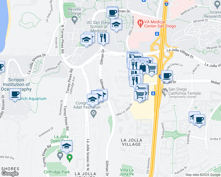 map of restaurants, bars, coffee shops, grocery stores, and more near 8799 Gilman Drive in San Diego