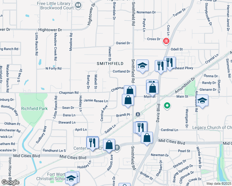 map of restaurants, bars, coffee shops, grocery stores, and more near 6631 Parkview Lane in North Richland Hills