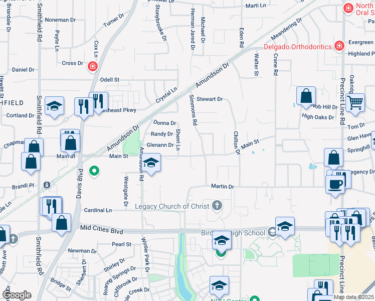 map of restaurants, bars, coffee shops, grocery stores, and more near 6512 Sherri Lane in North Richland Hills