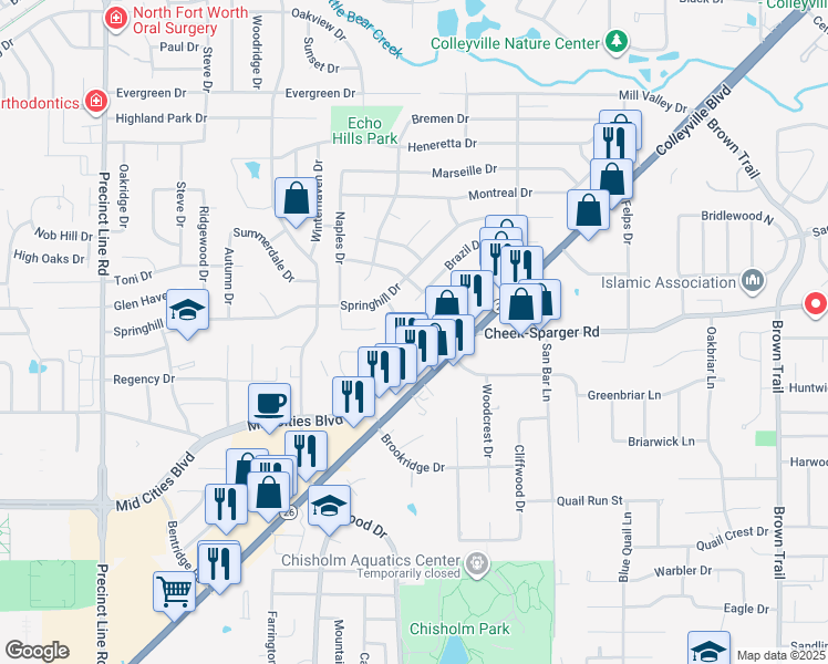 map of restaurants, bars, coffee shops, grocery stores, and more near 2732 Woodbridge Drive in Hurst