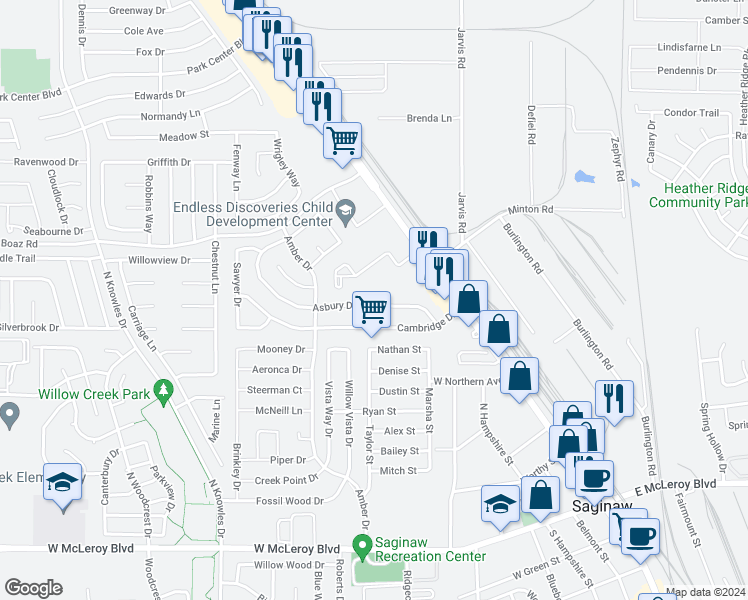 map of restaurants, bars, coffee shops, grocery stores, and more near 404 Asbury Drive in Saginaw
