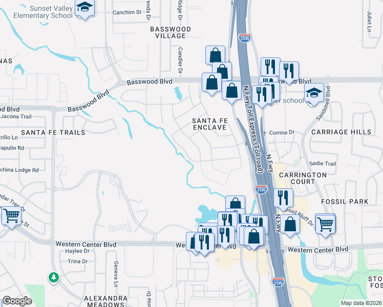 map of restaurants, bars, coffee shops, grocery stores, and more near 7129 San Francisco Trail in Fort Worth