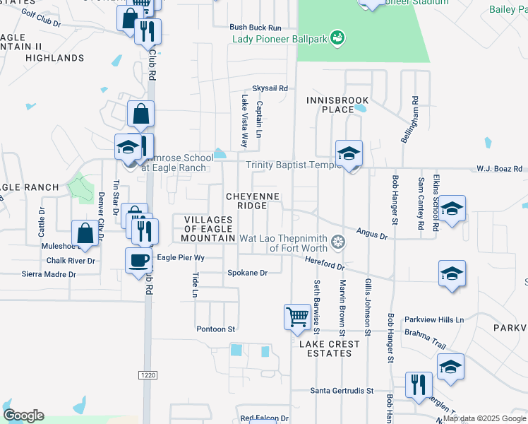 map of restaurants, bars, coffee shops, grocery stores, and more near 7161 Kickapoo Drive in Fort Worth