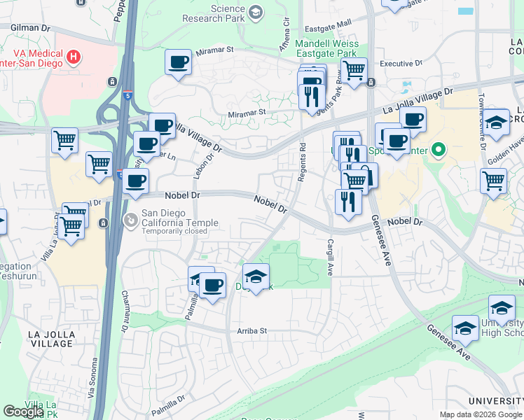 map of restaurants, bars, coffee shops, grocery stores, and more near 3967 Nobel Drive in San Diego