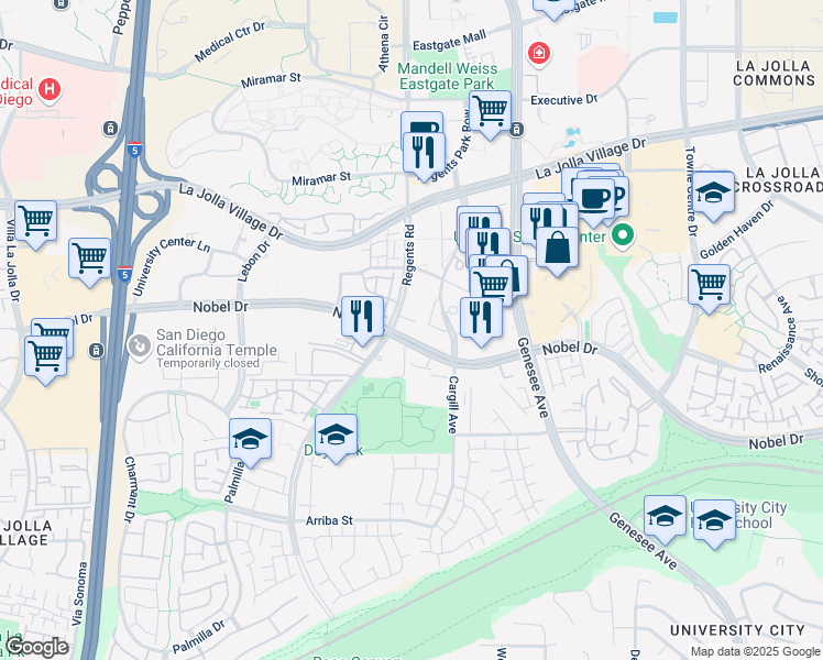 map of restaurants, bars, coffee shops, grocery stores, and more near 8520 Costa Verde Boulevard in San Diego