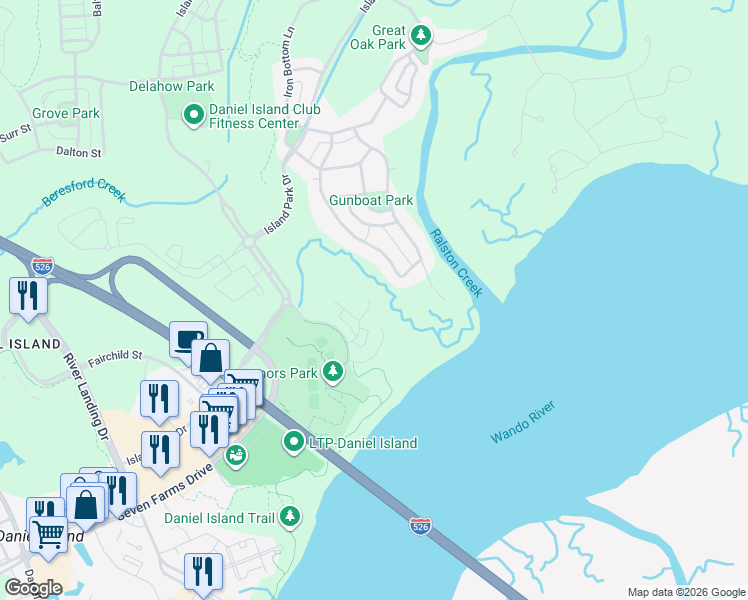 map of restaurants, bars, coffee shops, grocery stores, and more near 225 King George Street in Charleston