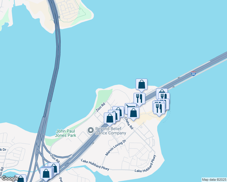 map of restaurants, bars, coffee shops, grocery stores, and more near 1805 East Ih 30 in Dallas