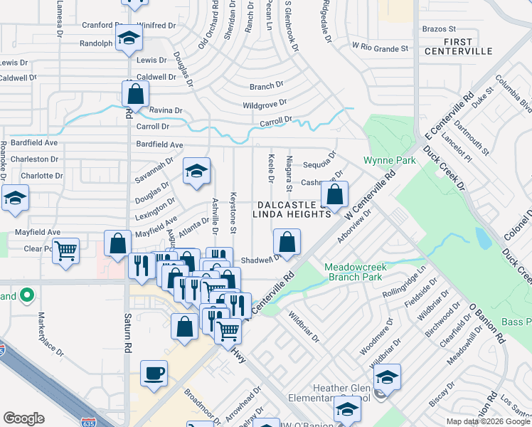 map of restaurants, bars, coffee shops, grocery stores, and more near 4102 Kazak Street in Garland
