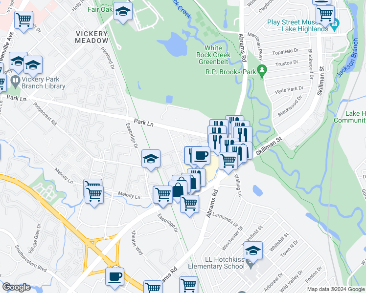 map of restaurants, bars, coffee shops, grocery stores, and more near 6852 Larmanda Street in Dallas