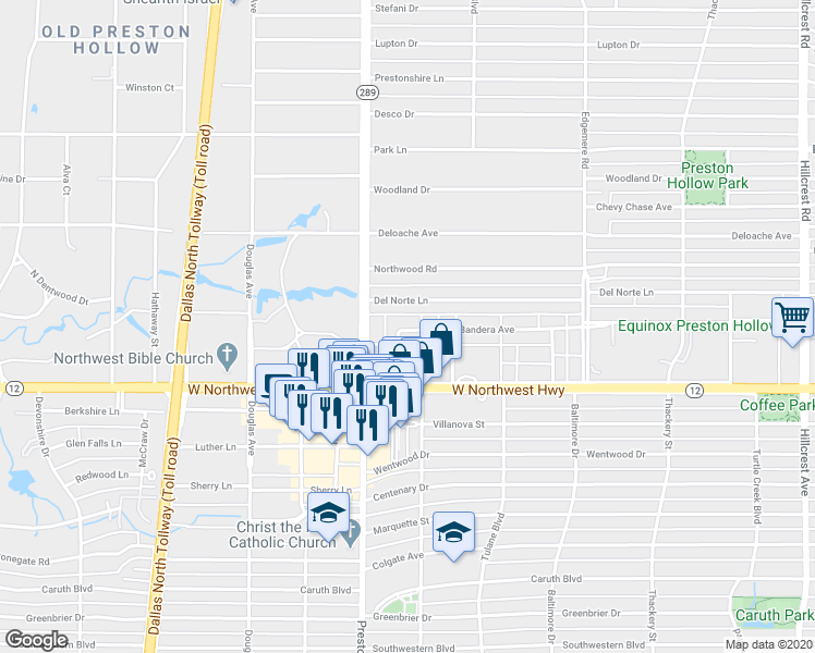 map of restaurants, bars, coffee shops, grocery stores, and more near 6036 Del Norte Lane in Dallas