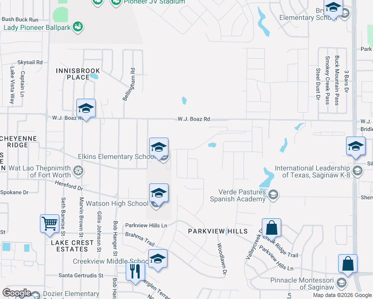 map of restaurants, bars, coffee shops, grocery stores, and more near 5581-5651 Wj Boaz Road in Fort Worth