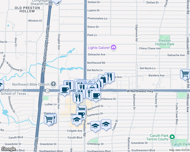 map of restaurants, bars, coffee shops, grocery stores, and more near 6036 Del Norte Lane in Dallas