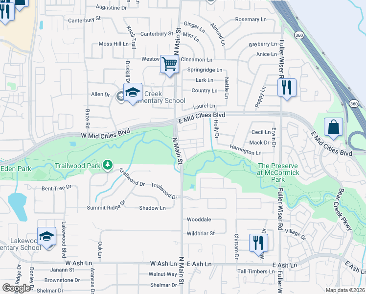 map of restaurants, bars, coffee shops, grocery stores, and more near 190 Abbey Road in Euless