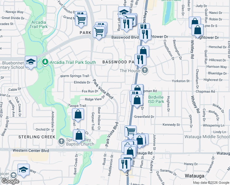 map of restaurants, bars, coffee shops, grocery stores, and more near 5520 Ridge View Drive in Watauga