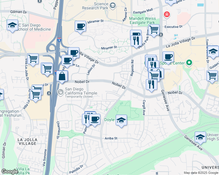 map of restaurants, bars, coffee shops, grocery stores, and more near 3941 Nobel Drive in San Diego