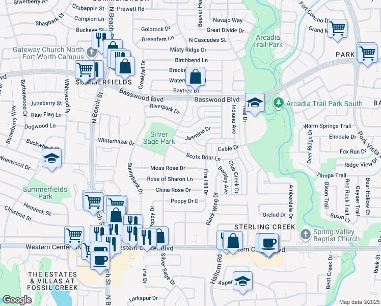 map of restaurants, bars, coffee shops, grocery stores, and more near 7100 Scots Briar Court in Fort Worth