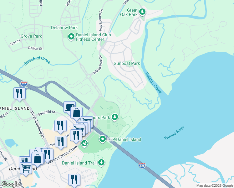 map of restaurants, bars, coffee shops, grocery stores, and more near 147 Seven Farms Drive in Charleston