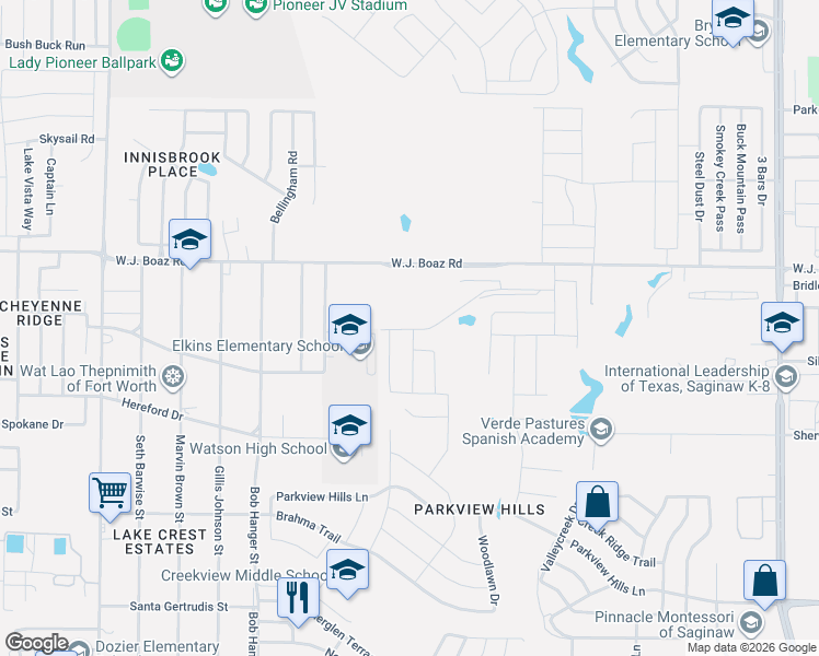 map of restaurants, bars, coffee shops, grocery stores, and more near 5581-5651 Wj Boaz Road in Fort Worth