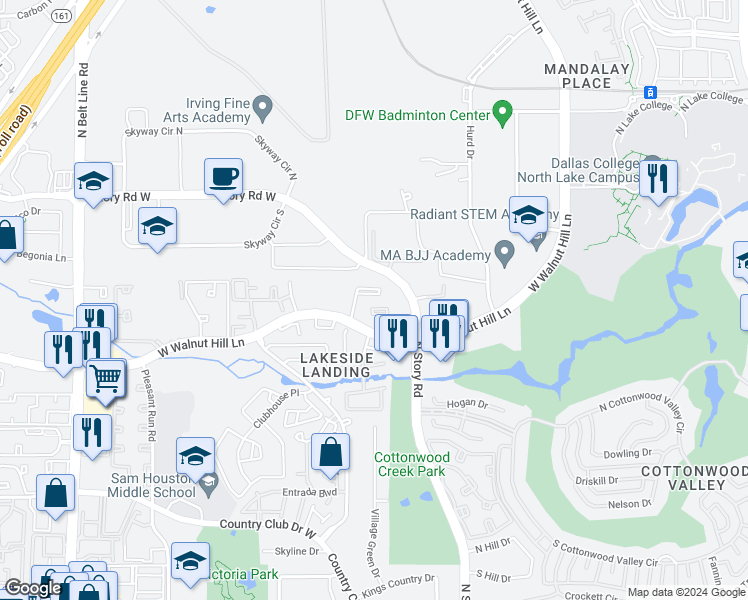 map of restaurants, bars, coffee shops, grocery stores, and more near 2613 West Walnut Hill Lane in Irving